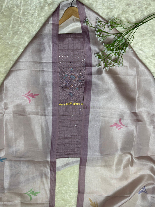 Festive Tussar Silk Suit Set with Floral Embroidery & Chanderi Dupatta