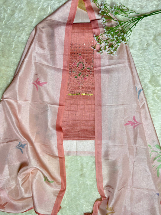 Festive Tussar Silk Suit Set with Floral Embroidery & Chanderi Dupatta