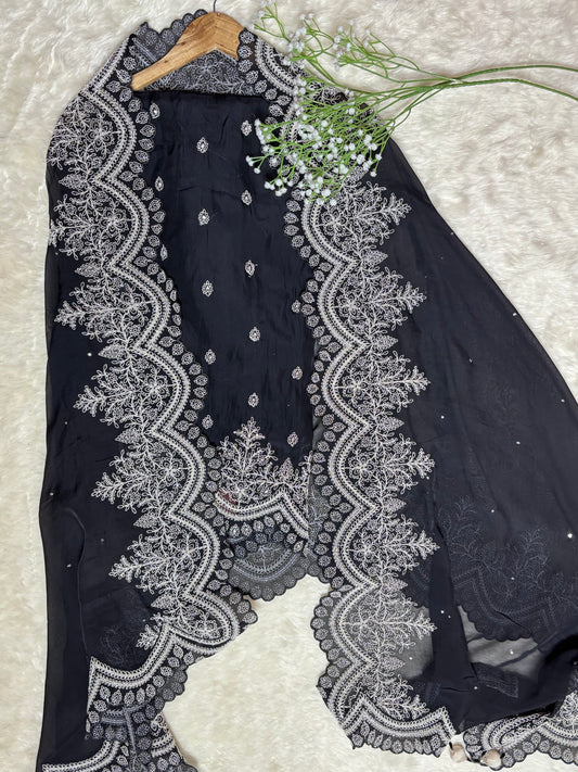 Black & Hot Pink Semi Stitched Organza Suit with Pearl Dori & Sequin Embroidery