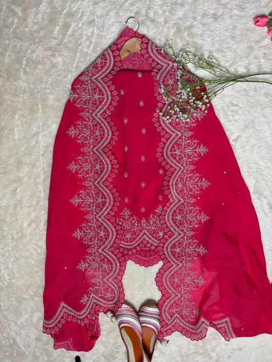 Black & Hot Pink Semi Stitched Organza Suit with Pearl Dori & Sequin Embroidery