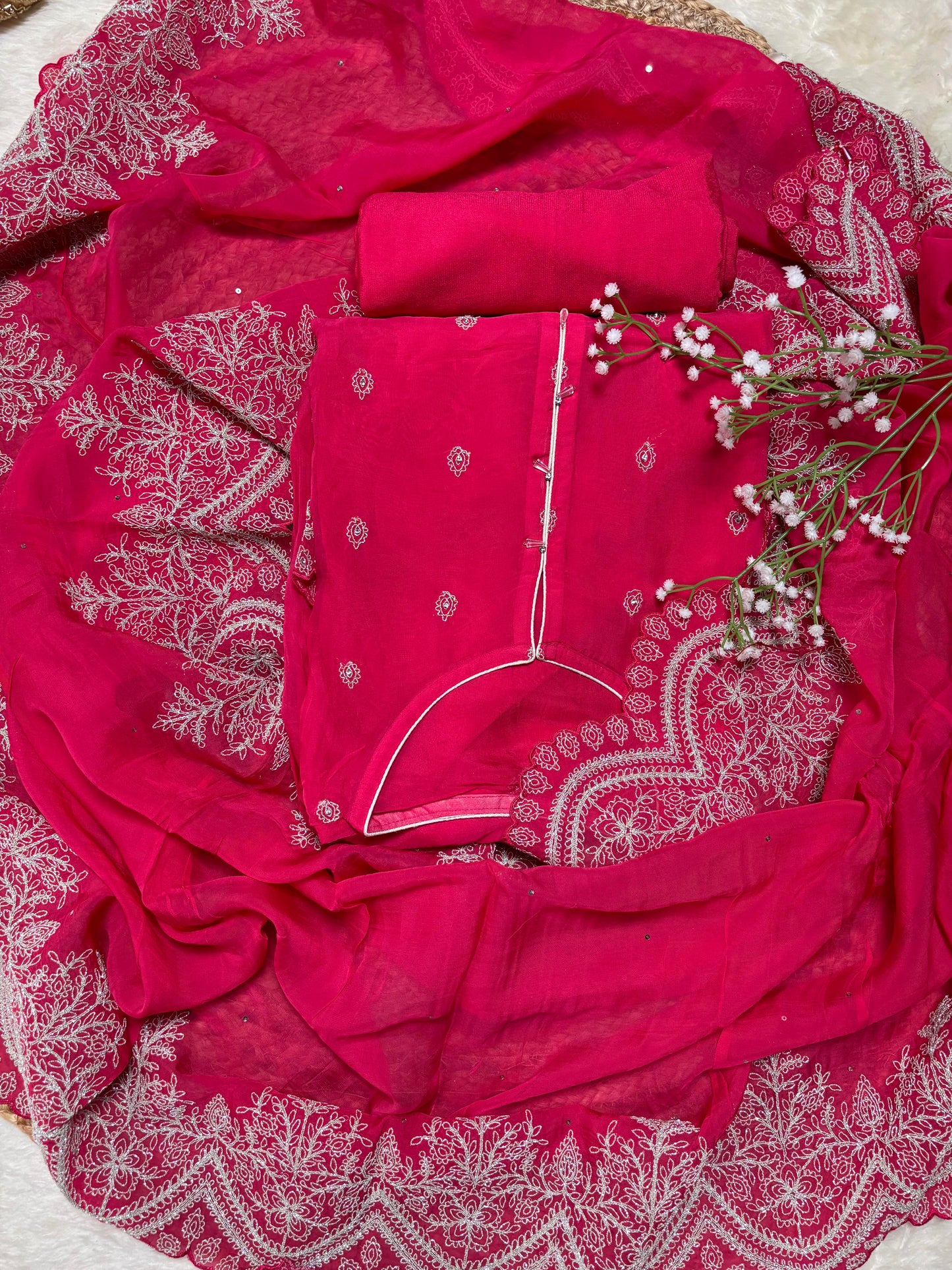 Black & Hot Pink Semi Stitched Organza Suit with Pearl Dori & Sequin Embroidery