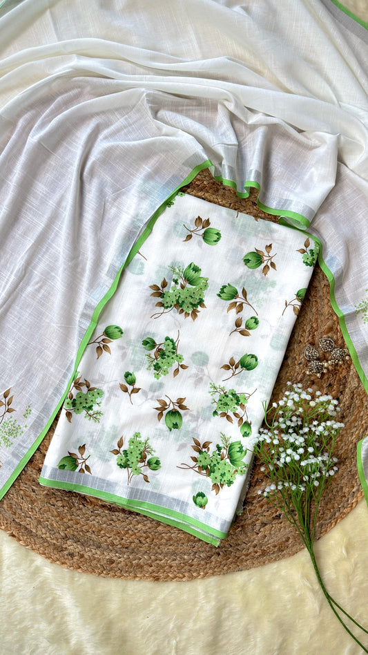 Gulbahaar – White Linen Unstitched Floral Suit Set in Green & Brown