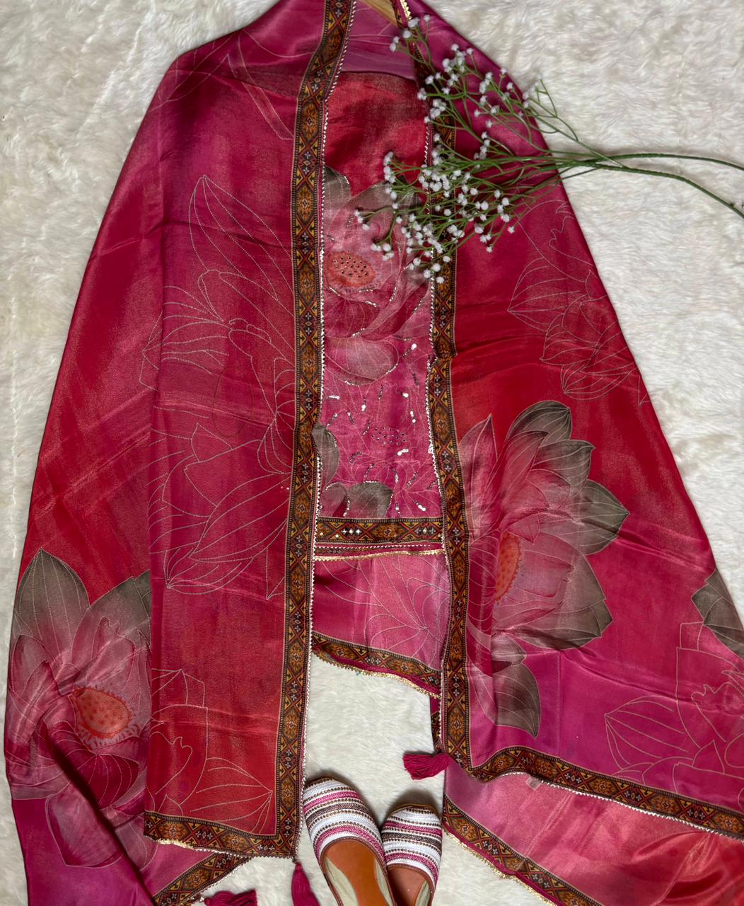 Multicolour Tissue Fabric Kurta Set with Floral Motifs, Mirror & Sequin Work – Pink & Orange