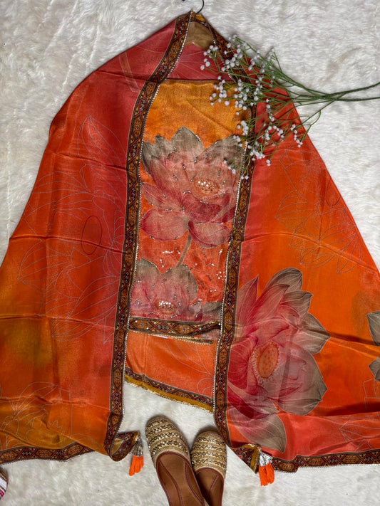 Multicolour Tissue Fabric Kurta Set with Floral Motifs, Mirror & Sequin Work – Pink & Orange