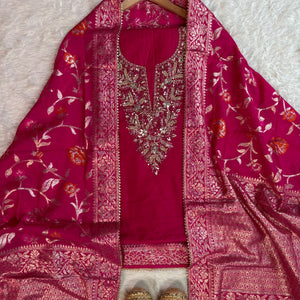 Hot Pink Embroidered Kurta with Banarasi Dupatta