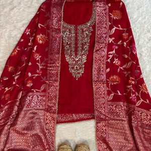 Rich Red Chanderi Kurta Set with Banarasi Dupatta