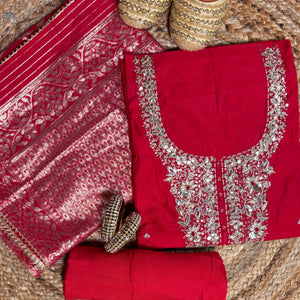 Rich Red Chanderi Kurta Set with Banarasi Dupatta