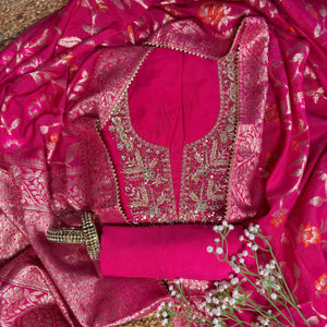Hot Pink Embroidered Kurta with Banarasi Dupatta