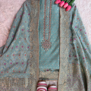 Green Chanderi Zari Booti Suit Set.