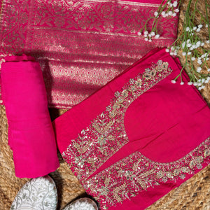 Hot Pink Embroidered Kurta with Banarasi Dupatta