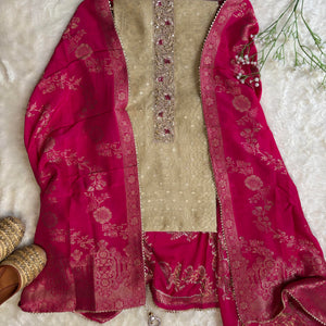 Beige Chanderi Embroidered Kurta with Banarasi Dupatta