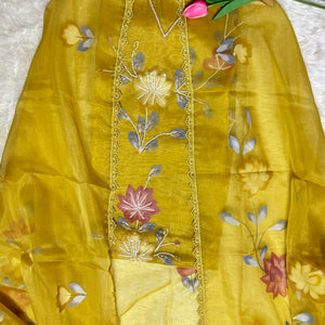 Organza Hand-Painted Floral Kurta Set with Pearl & Sequin Embroidery Pink & Lemon