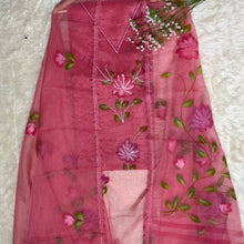 Organza Hand-Painted Floral Kurta Set with Pearl & Sequin Embroidery Pink & Lemon