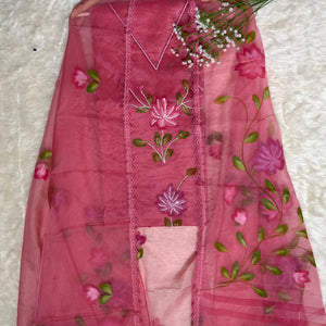 Organza Hand-Painted Floral Kurta Set with Pearl & Sequin Embroidery Pink & Lemon