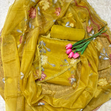 Organza Hand-Painted Floral Kurta Set with Pearl & Sequin Embroidery Pink & Lemon