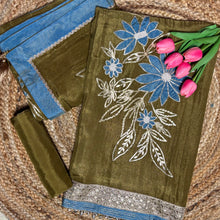Tissue Fabric Kurta Set with Floral Appliqué & Gota Work Onion Pink & Mehendi Green