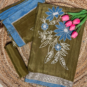Tissue Fabric Kurta Set with Floral Appliqué & Gota Work Onion Pink & Mehendi Green