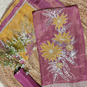 Tissue Fabric Kurta Set with Floral Appliqué & Gota Work Onion Pink & Mehendi Green