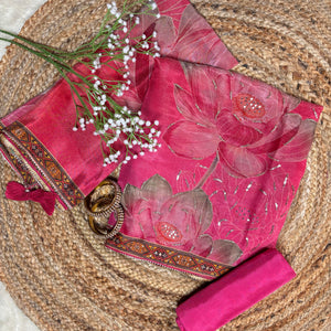 Multicolour Tissue Fabric Kurta Set with Floral Motifs, Mirror & Sequin Work – Pink & Orange