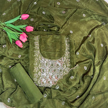 Elegant Grey & Green Crepe Suit Set with Embroidered Dupatta