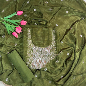 Elegant Grey & Green Crepe Suit Set with Embroidered Dupatta