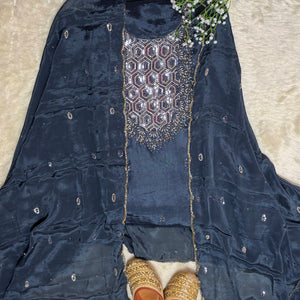 Elegant Grey & Green Crepe Suit Set with Embroidered Dupatta
