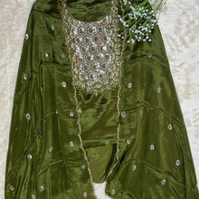 Elegant Grey & Green Crepe Suit Set with Embroidered Dupatta