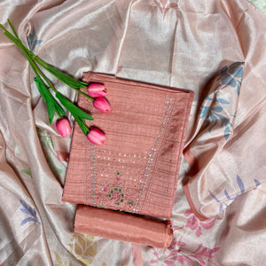 Festive Tussar Silk Suit Set with Floral Embroidery & Chanderi Dupatta