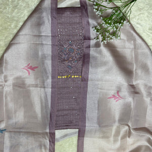 Festive Tussar Silk Suit Set with Floral Embroidery & Chanderi Dupatta