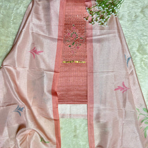 Festive Tussar Silk Suit Set with Floral Embroidery & Chanderi Dupatta