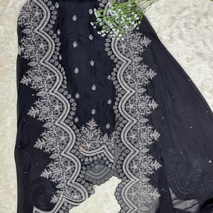 Black & Hot Pink Semi Stitched Organza Suit with Pearl Dori & Sequin Embroidery