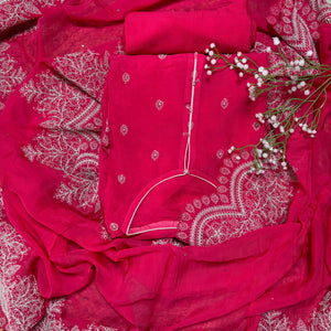 Black & Hot Pink Semi Stitched Organza Suit with Pearl Dori & Sequin Embroidery