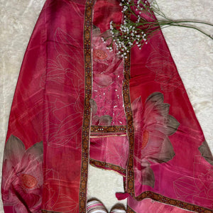 Multicolour Tissue Fabric Kurta Set with Floral Motifs, Mirror & Sequin Work – Pink & Orange